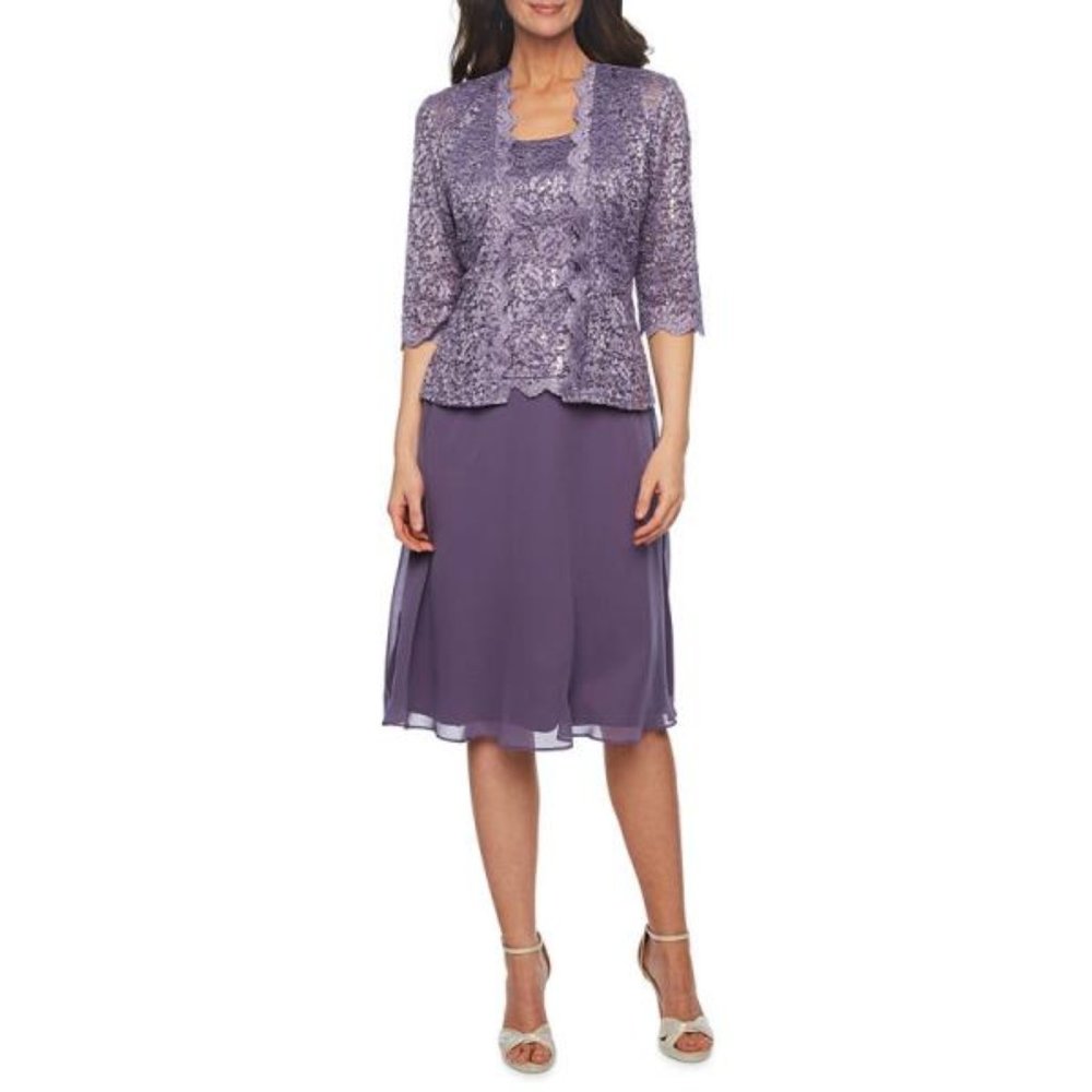 R & M Richards 3/4 Sleeve Lace Jacket Dress, Womens, Lavendar, New With Tags